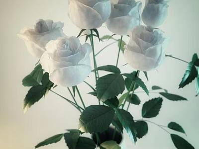 Fresh White Roses Arrangement in Vase with Green Leaves and Stems 3d model