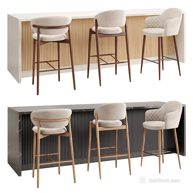 Modern Elegant Bar Counter Design With Wooden Panels And Upholstered Stools 3d model 