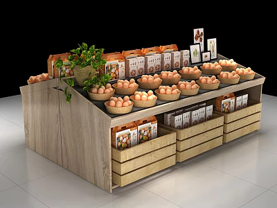 Wooden Display Shelf with Fresh Eggs and Packaged Products Featuring Green Plant Decor 3d model