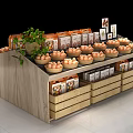 Wooden Display Shelf with Fresh Eggs and Packaged Products Featuring Green Plant Decor