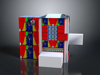 Vibrant Scene Component Featuring Red Blue Panels With Geometric Decorative Designs And White Base 3d model