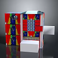 Vibrant Scene Component Featuring Red Blue Panels With Geometric Decorative Designs And White Base
