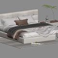 Modern Double Bed with White Headboard Mattress Bedding Rug Nightstand Plant and Books