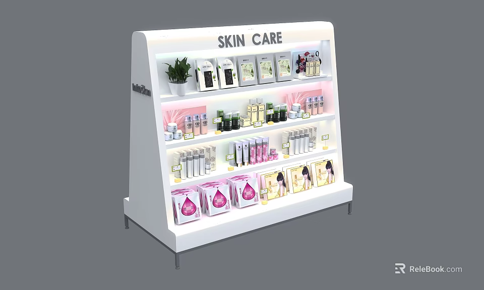 Skin Care Display Shelf With Multi Tiered Design And Illuminated Skincare Products 3d model 