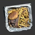 Tasty Roast Beef with French Fries and Bun in Foil Takeout Container