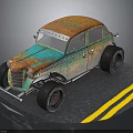 Vintage Modified Car With Orange Blue Rusty Exterior Large Wheels And Yellow Lines On Platform