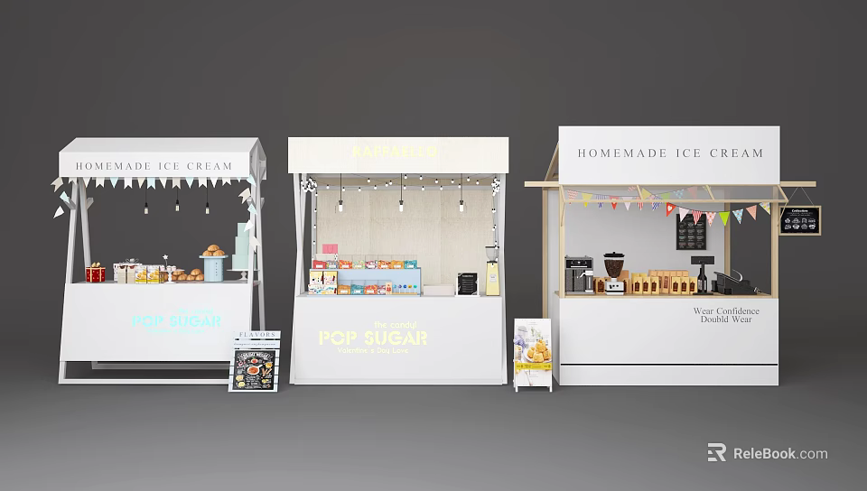 Colorful Street Food Stalls Featuring Fresh Juice Pop Sugar And Homemade Ice Cream 3d model 