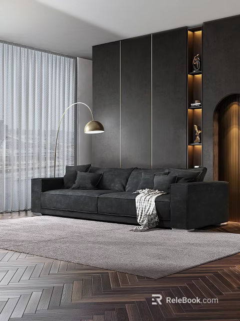 Elegant Dark Gray Modern Three-Seater Sofa with Throw Blanket Cushions Floor Lamp and Window Curtains 3d model 
