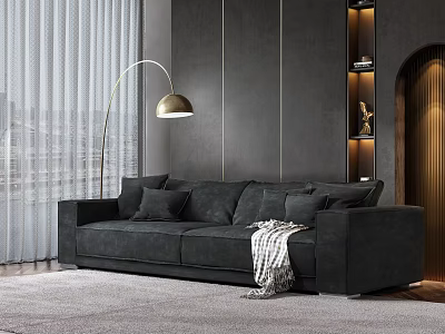 Elegant Dark Gray Modern Three-Seater Sofa with Throw Blanket Cushions Floor Lamp and Window Curtains 3d model