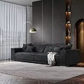Elegant Dark Gray Modern Three-Seater Sofa with Throw Blanket Cushions Floor Lamp and Window Curtains