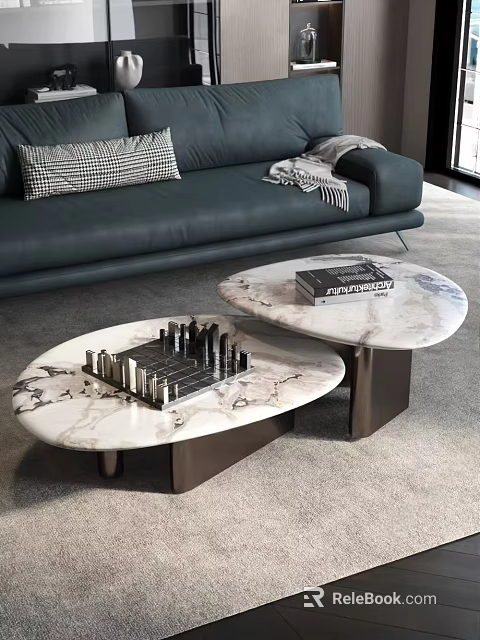 Modern Oval Marble Coffee Tables With Chess Set And Architecture Book 3d model 