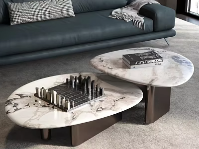 Modern Oval Marble Coffee Tables With Chess Set And Architecture Book 3d model