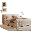 Cozy Double Bed With Beige Bedspread Decorative Paintings And Pendant Lights
