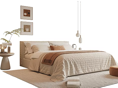 Cozy Double Bed With Beige Bedspread Decorative Paintings And Pendant Lights 3d model