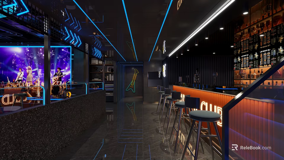 Modern Bar Interior With Neon Lights Counter Stools And Stylish Decor 3d model