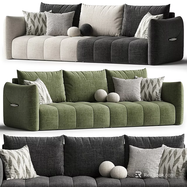 Stylish Sectional Sofa Designs In Green Grey And Gradient Tones With Decorative Pillows And Balls 3d model 