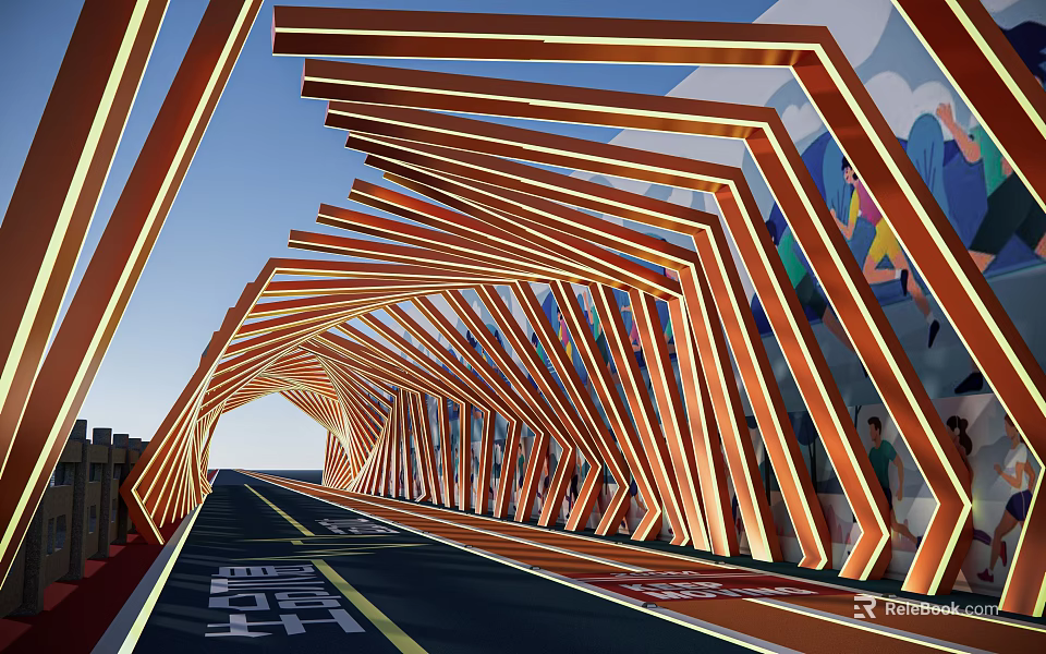 Orange Illuminated Pergola With Striped Structure Over Road Under Blue Sky 3d model 