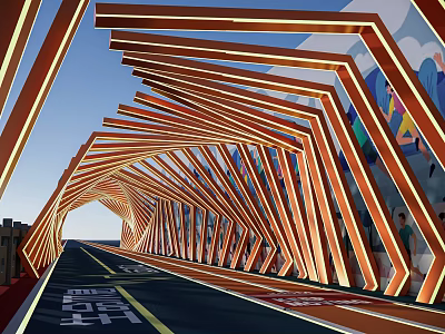 Orange Illuminated Pergola With Striped Structure Over Road Under Blue Sky 3d model
