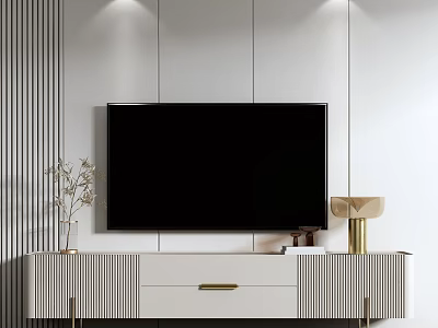 Contemporary TV Stand With TV Drawers And Decorative Items On Striped Wall 3d model