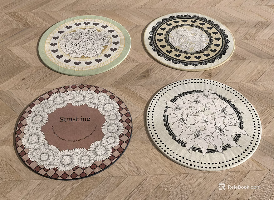 Round Rugs With Various Patterns Including Hearts Sunshine And Lily Designs On Wooden Floor 3d model 