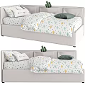 Soft Light Colored Kids Bed With Upholstered Headboard And Cactus Pattern Bedding 3d model