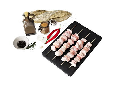 Juicy Meat Skewers With Bread And Spices On Black Slate Plate 3d model