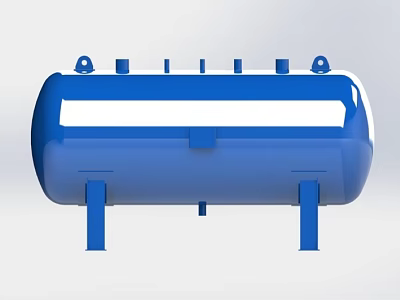 Blue Cylindrical Industrial Storage Tank With White Stripe Support Legs And Top Fittings 3d model