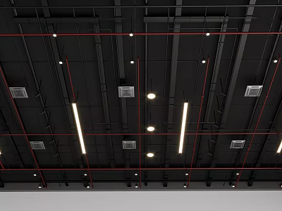 Industrial Ceiling With Exposed Pipes Linear Round Lights And Vents 3d model