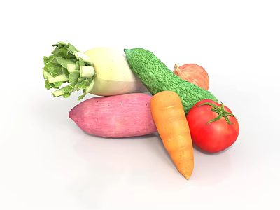 Fresh Organic Vegetables Including Radish Cucumber Onion Sweet Potato Carrot Tomato 3d model