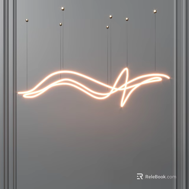Modern Neon Chandelier With Wavy Design And Warm Yellow Light On Grey Wall 3d model 