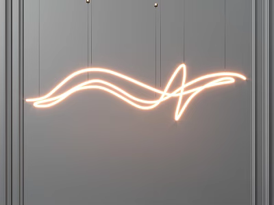 Modern Neon Chandelier With Wavy Design And Warm Yellow Light On Grey Wall 3d model