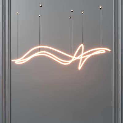 Modern Neon Chandelier With Wavy Design And Warm Yellow Light On Grey Wall 3d model
