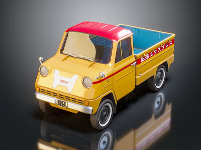 Vintage Yellow Utility Truck with Red Roof Side Stripes and License Plate 080 3d model