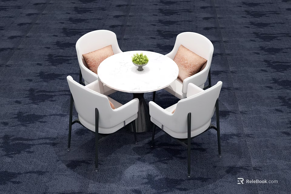 Modern Stylish Interior Round White Table With Four White Chairs and Green Plant Centerpiece 3d model 