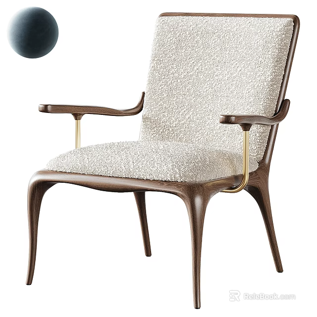 Modern Single Chair With Plush Fabric Wooden Legs And Gold Metal Armrests 3d model 