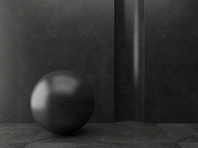 Black Spherical Metal Sculpture on Dark Stone Floor with Vertical Column 3d model