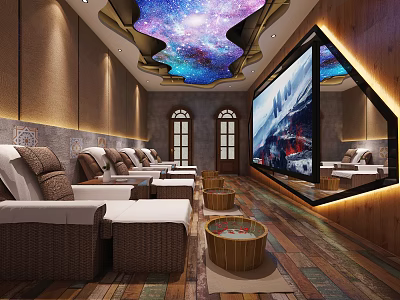 Luxury SPA Sauna Interior Design with Rattan Loungers Starry Sky Ceiling and Large Screen 3d model
