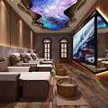 Luxury SPA Sauna Interior Design with Rattan Loungers Starry Sky Ceiling and Large Screen