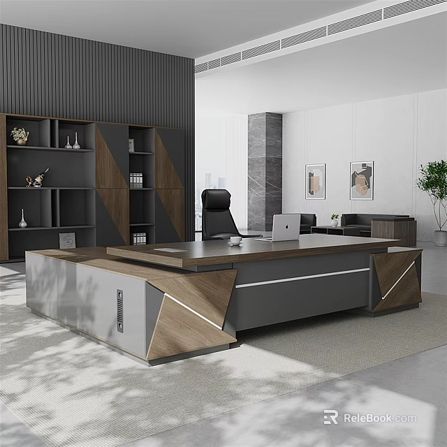 Modern Office Desk With Wood Metal Frame Black Chair Laptop Bookshelf And Potted Plant 3d model 