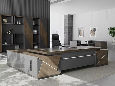 Modern Office Desk With Wood Metal Frame Black Chair Laptop Bookshelf And Potted Plant 3d model