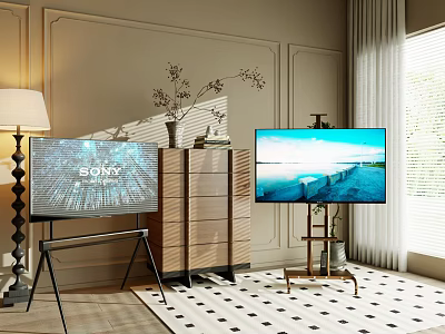 Sony TVs on Stands in Modern Living Room with Seascape View and Decor 3d model