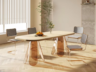 Modern Dining Table Set with Wooden Top Copper Legs Checkerboard Pattern Chairs and Green Plant 3d model