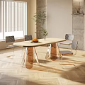 Modern Dining Table Set with Wooden Top Copper Legs Checkerboard Pattern Chairs and Green Plant