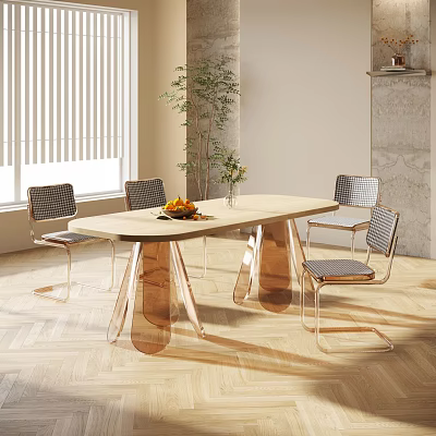 Modern Dining Table Set with Wooden Top Copper Legs Checkerboard Pattern Chairs and Green Plant 3d model