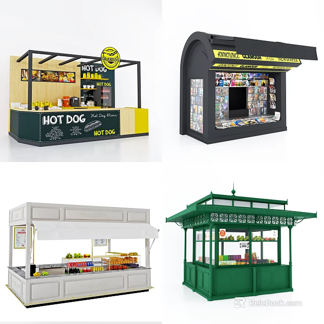 Outdoor Vendor Kiosks Featuring Hot Dog Stalls Magazine Stands And Fruit Displays 3d model 