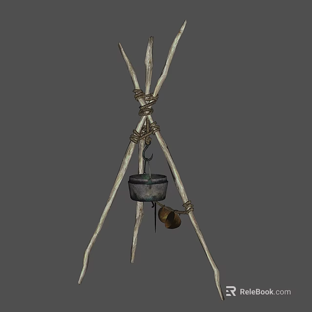 Rustic Garden Ornament with Crossed Branches Metal Pot and Bell 3d model 