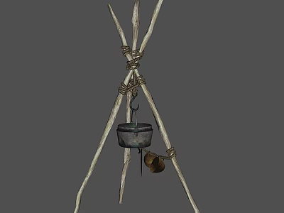 Rustic Garden Ornament with Crossed Branches Metal Pot and Bell 3d model