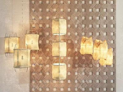 Modern Hanging Chandeliers With Textured Shades And Warm Light On Geometric Background 3d model