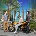 Three People Near Motorcycle With Dog In Outdoor Scene