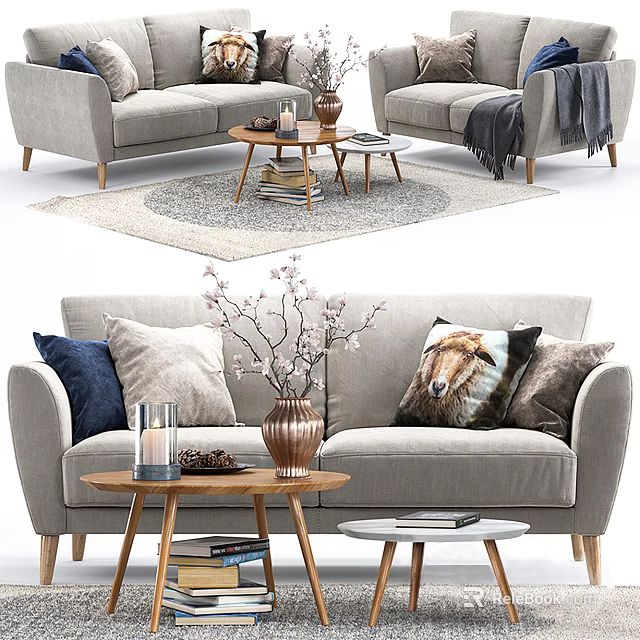 Modern Sofa Coffee Table Set With Gray Upholstery Wooden Table Pillows And Area Rug 3d model 